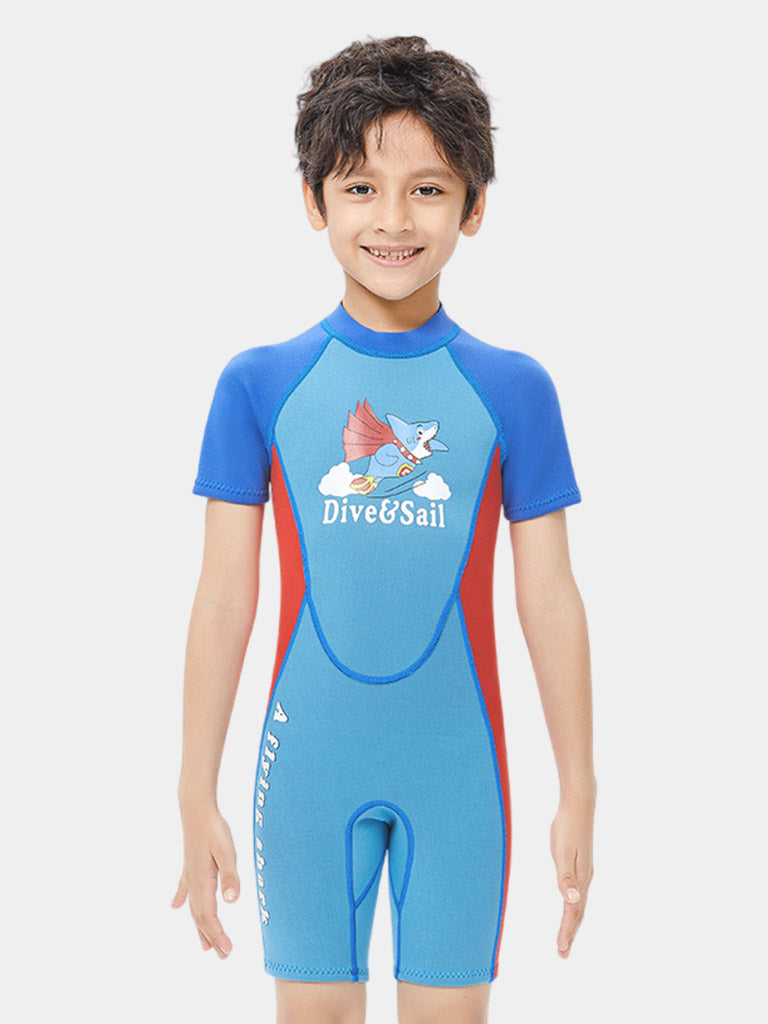 DIVE & SAIL Boys' 2.5mm Neoprene Shark Printed Shorty Back Zip Wetsuit