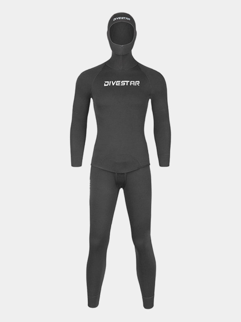 DIVESTAR 3MM Hooded 2 Piece Bevertail Wetsuit, Black