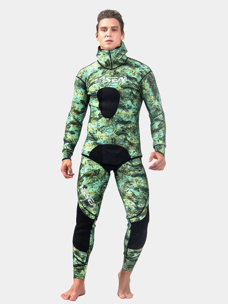 HISEA Mens 1.5mm 2 Piece Green Camo Hooded Wetsuit