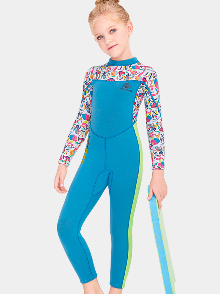 One Piece Long Sleeve Girls Wetsuits Blue Front