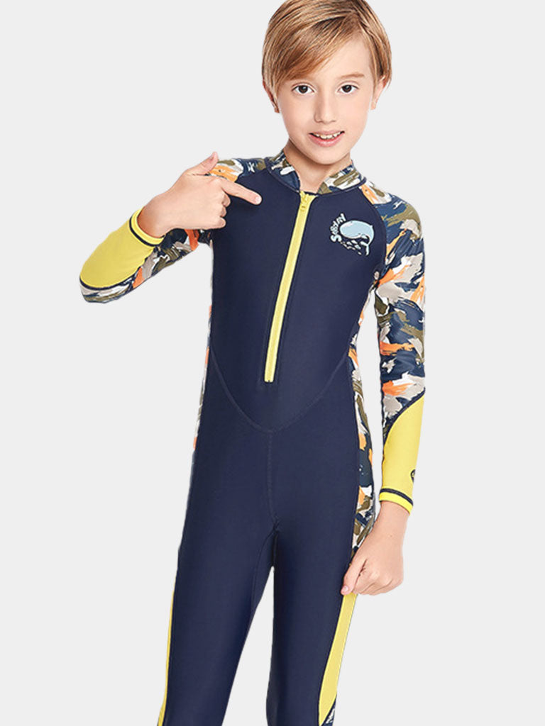 SABOLAY Boys Long Sleeve One-Piece Nylon Swimsuit dark blue front