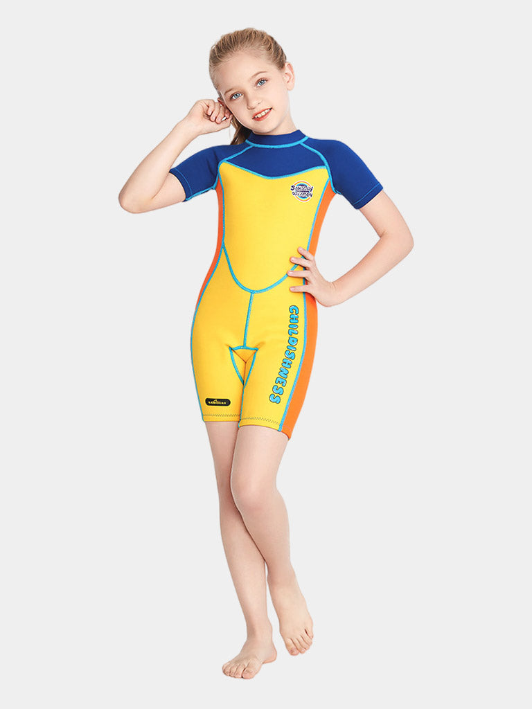 SABOLAY Girls Shorty Colorful Wetsuit Full Body Yellow